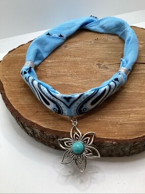 Light Blue Bandana Necklace with Floral Turquoise Pendant
